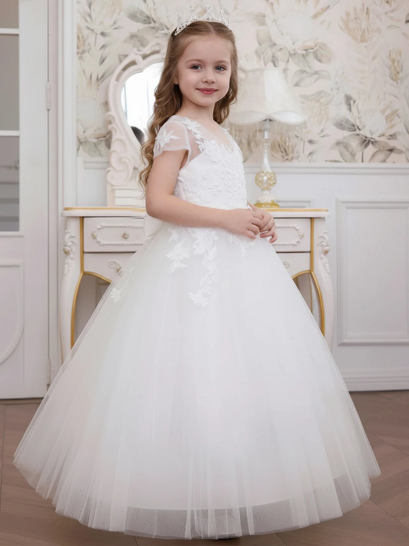 Ivory Floral Embroidered Tulle Girls Ball Gown - Luzilly Bridal & Apparel