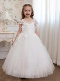 Ivory Floral Embroidered Tulle Girls Ball Gown - Luzilly Bridal & Apparel