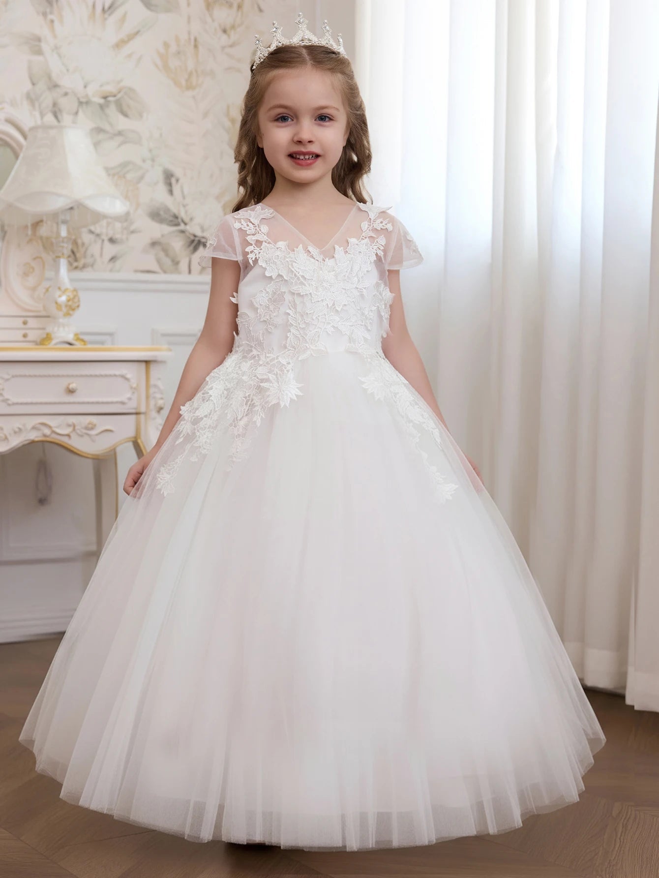 Ivory Floral Embroidered Tulle Girls Ball Gown - Luzilly Bridal & Apparel