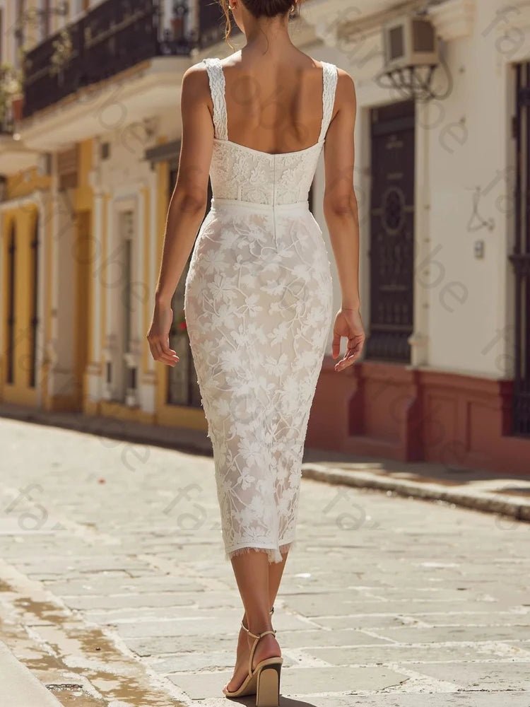 Ivory Lace Applique Midi Wedding Dress - Luzilly Bridal & Apparel
