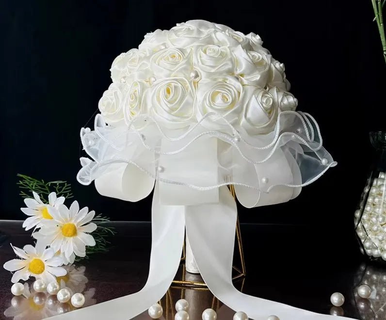 Ivory Ribbon & Pearl Beaded Bridal Bouquet - Luzilly Bridal & Apparel