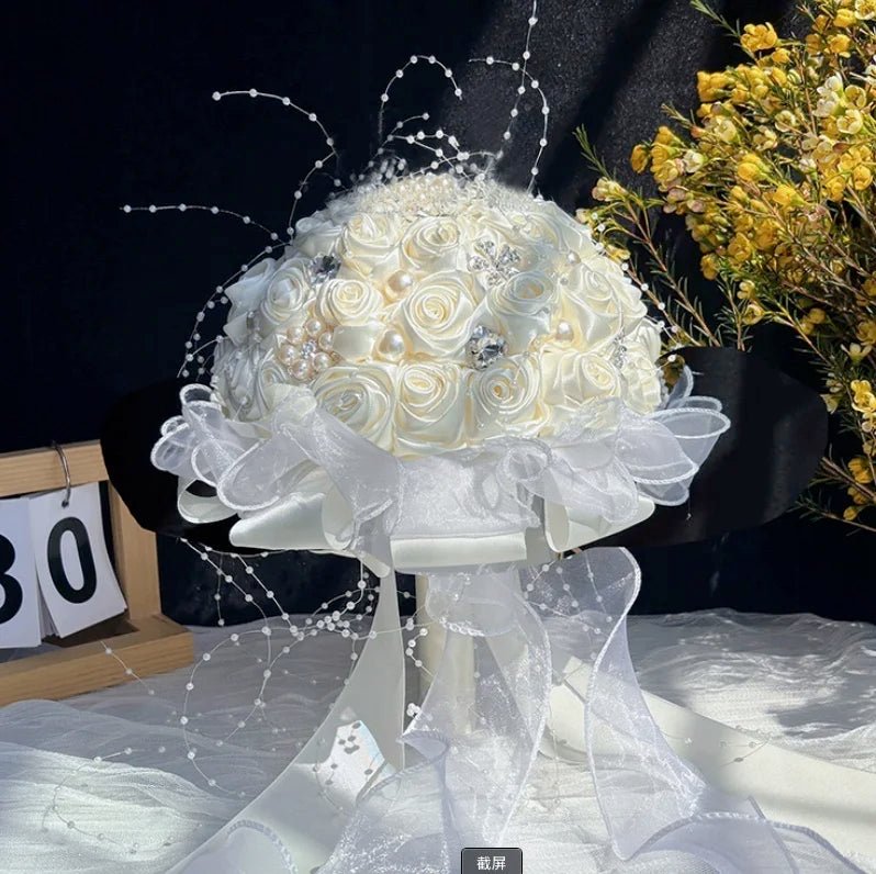 Ivory Ribbon & Pearl Beaded Bridal Bouquet - Luzilly Bridal & Apparel