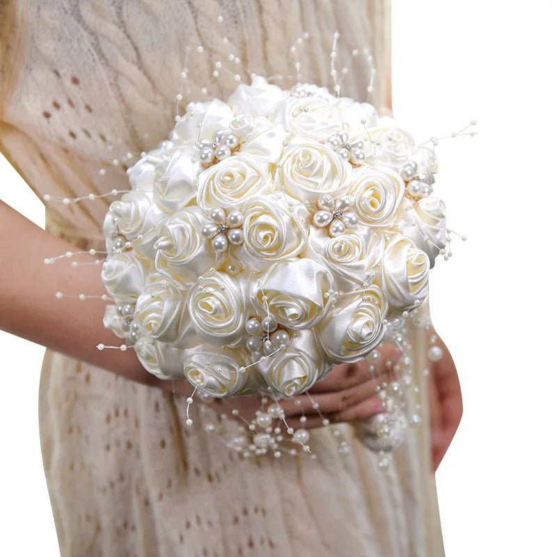 Ivory Ribbon & Pearl Beaded Bridal Bouquet - Luzilly Bridal & Apparel