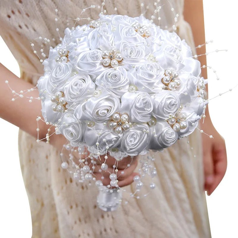 Ivory Ribbon & Pearl Beaded Bridal Bouquet - Luzilly Bridal & Apparel
