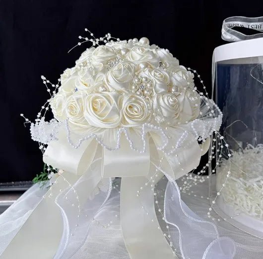 Ivory Ribbon & Pearl Beaded Bridal Bouquet - Luzilly Bridal & Apparel