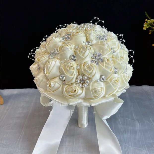 Ivory Ribbon & Pearl Beaded Bridal Bouquet - Luzilly Bridal & Apparel
