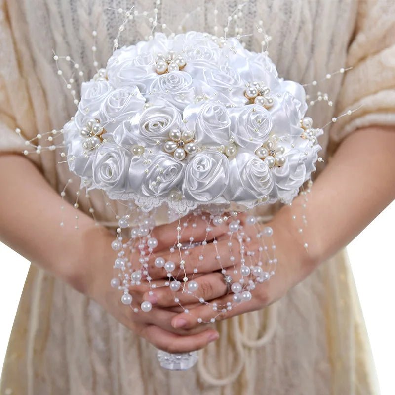 Ivory Ribbon & Pearl Beaded Bridal Bouquet - Luzilly Bridal & Apparel