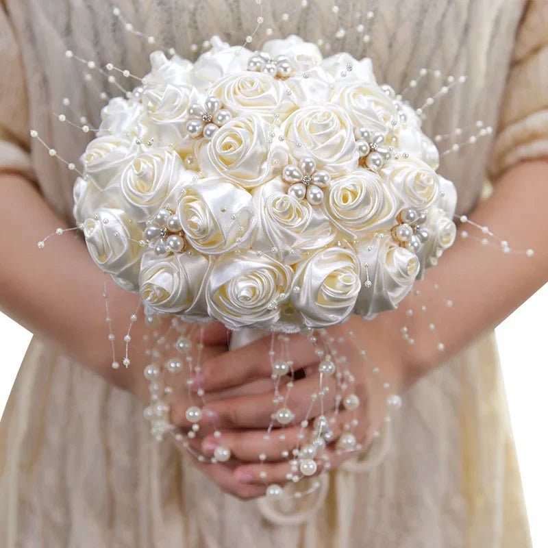Ivory Ribbon & Pearl Beaded Bridal Bouquet - Luzilly Bridal & Apparel