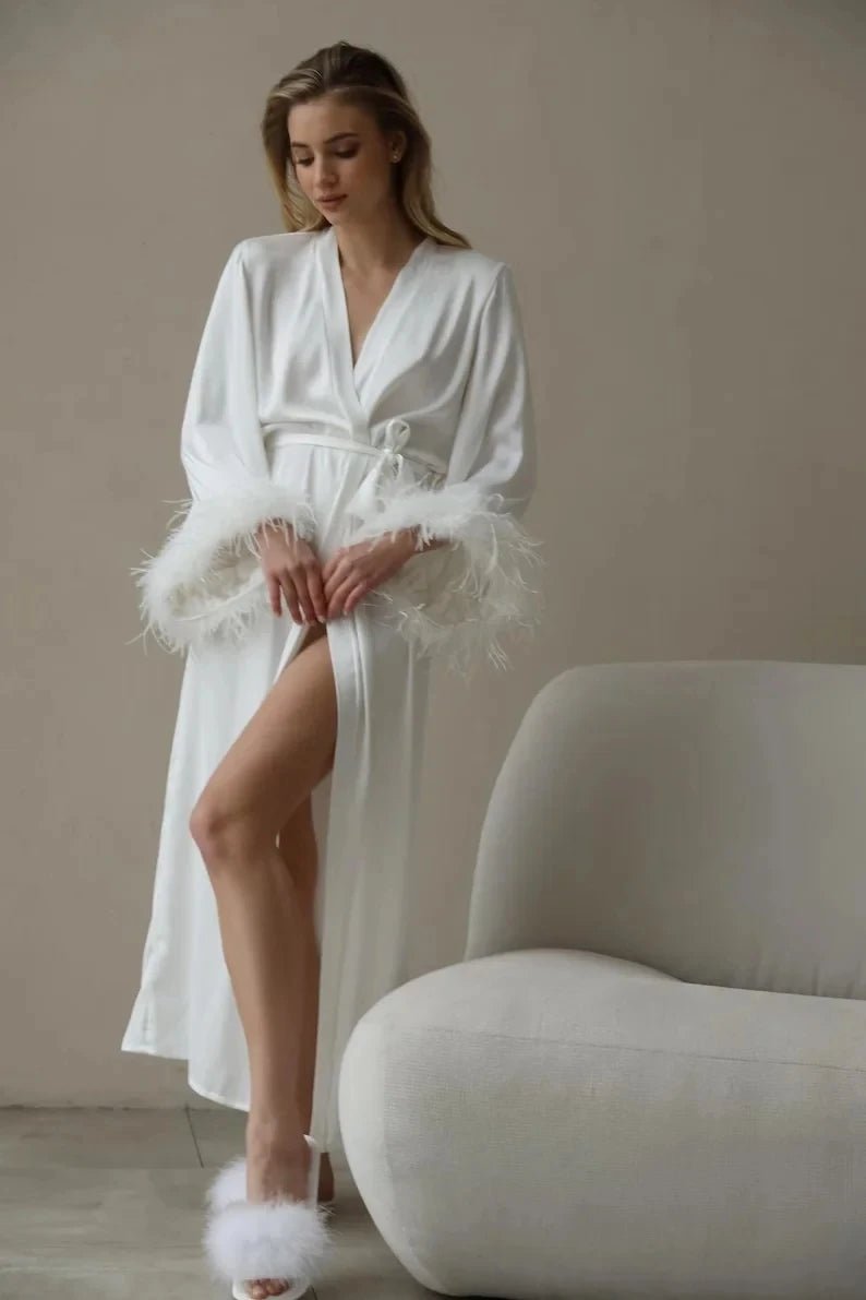 Ivory Satin Marabou Feather Bridal Robe - Luzilly Bridal & Apparel