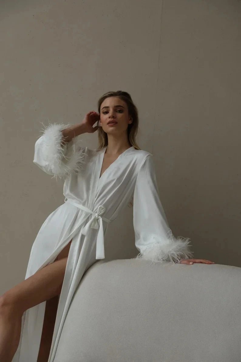 Ivory Satin Marabou Feather Bridal Robe - Luzilly Bridal & Apparel