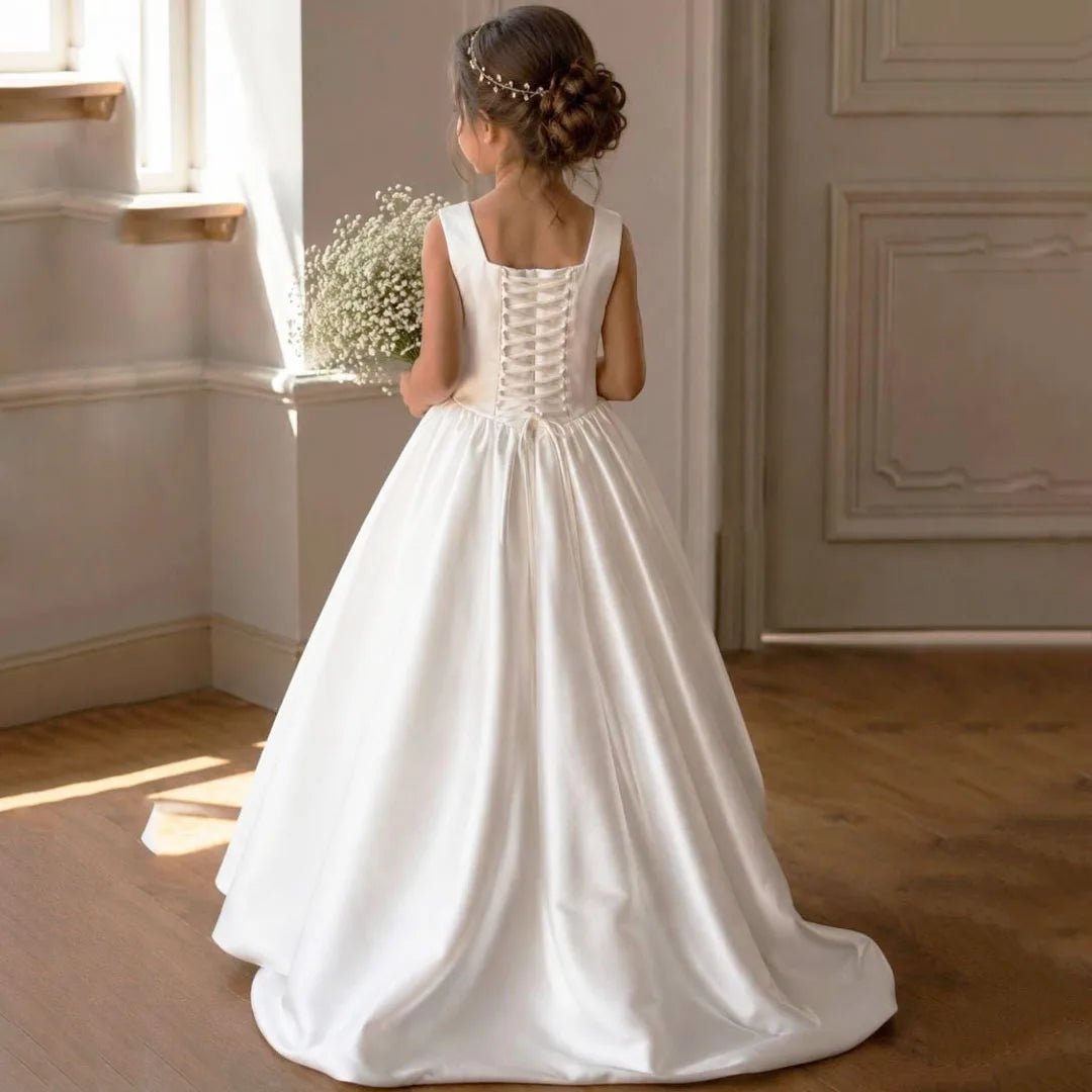 Ivory Satin Pleated Flower Girl Dress - Luzilly Bridal & Apparel