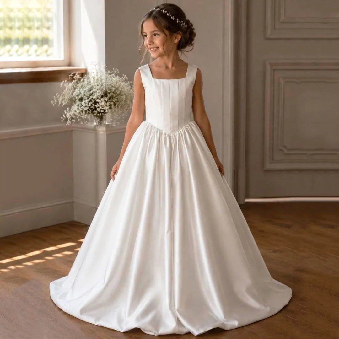 Ivory Satin Pleated Flower Girl Dress - Luzilly Bridal & Apparel