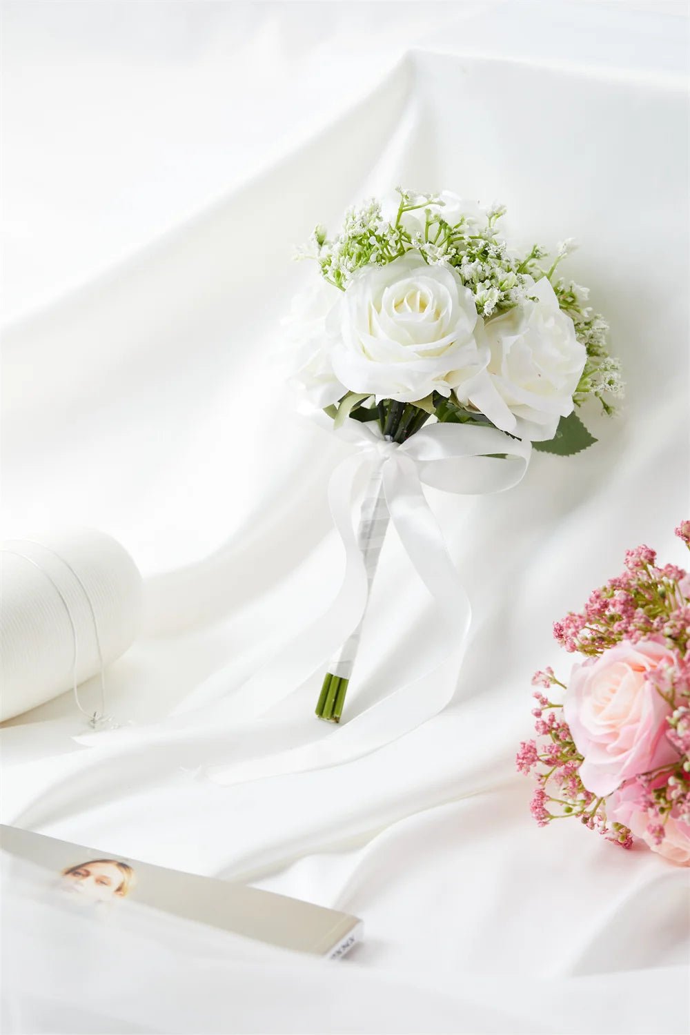 Ivory Silk Rose Bouquet with Ribbon and Hemp Handle - Luzilly Bridal & Apparel
