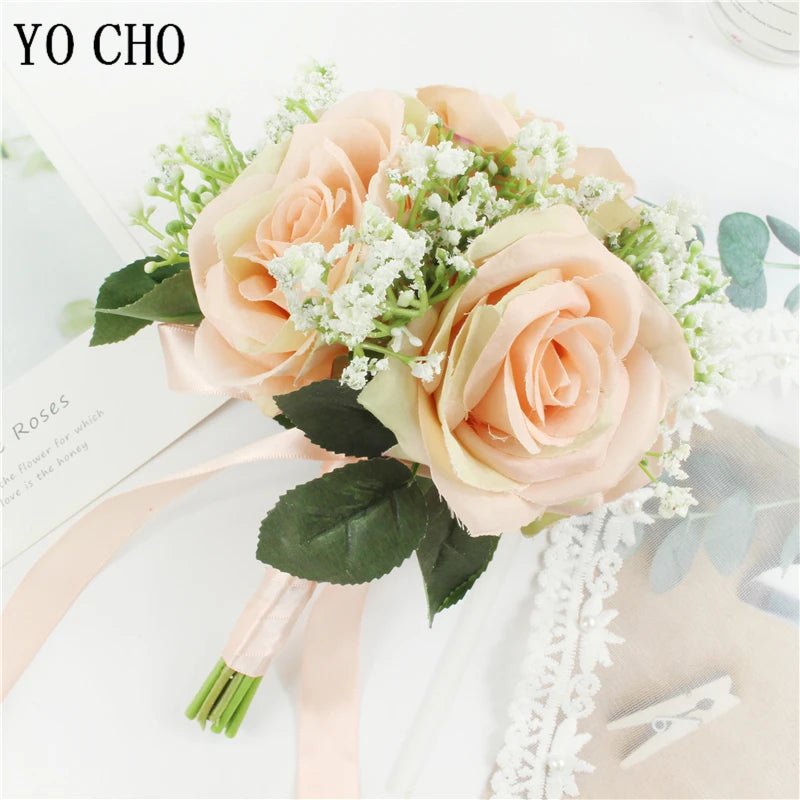 Ivory Silk Rose Bouquet with Ribbon and Hemp Handle - Luzilly Bridal & Apparel