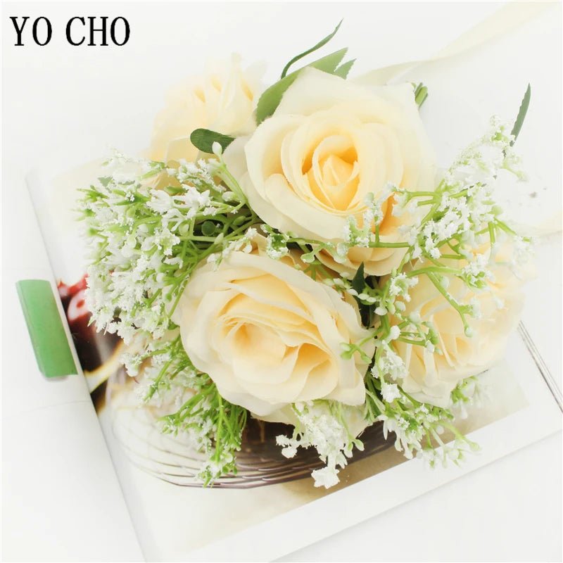 Ivory Silk Rose Bouquet with Ribbon and Hemp Handle - Luzilly Bridal & Apparel
