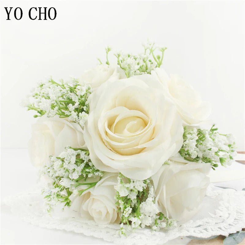Ivory Silk Rose Bouquet with Ribbon and Hemp Handle - Luzilly Bridal & Apparel