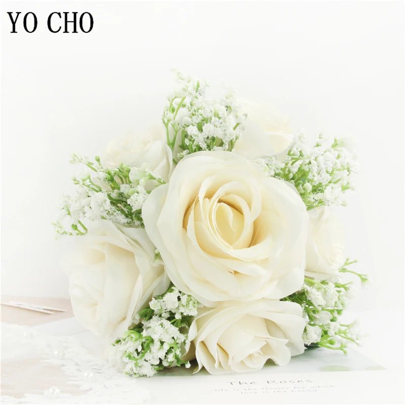 Ivory Silk Rose Bouquet with Ribbon and Hemp Handle - Luzilly Bridal & Apparel