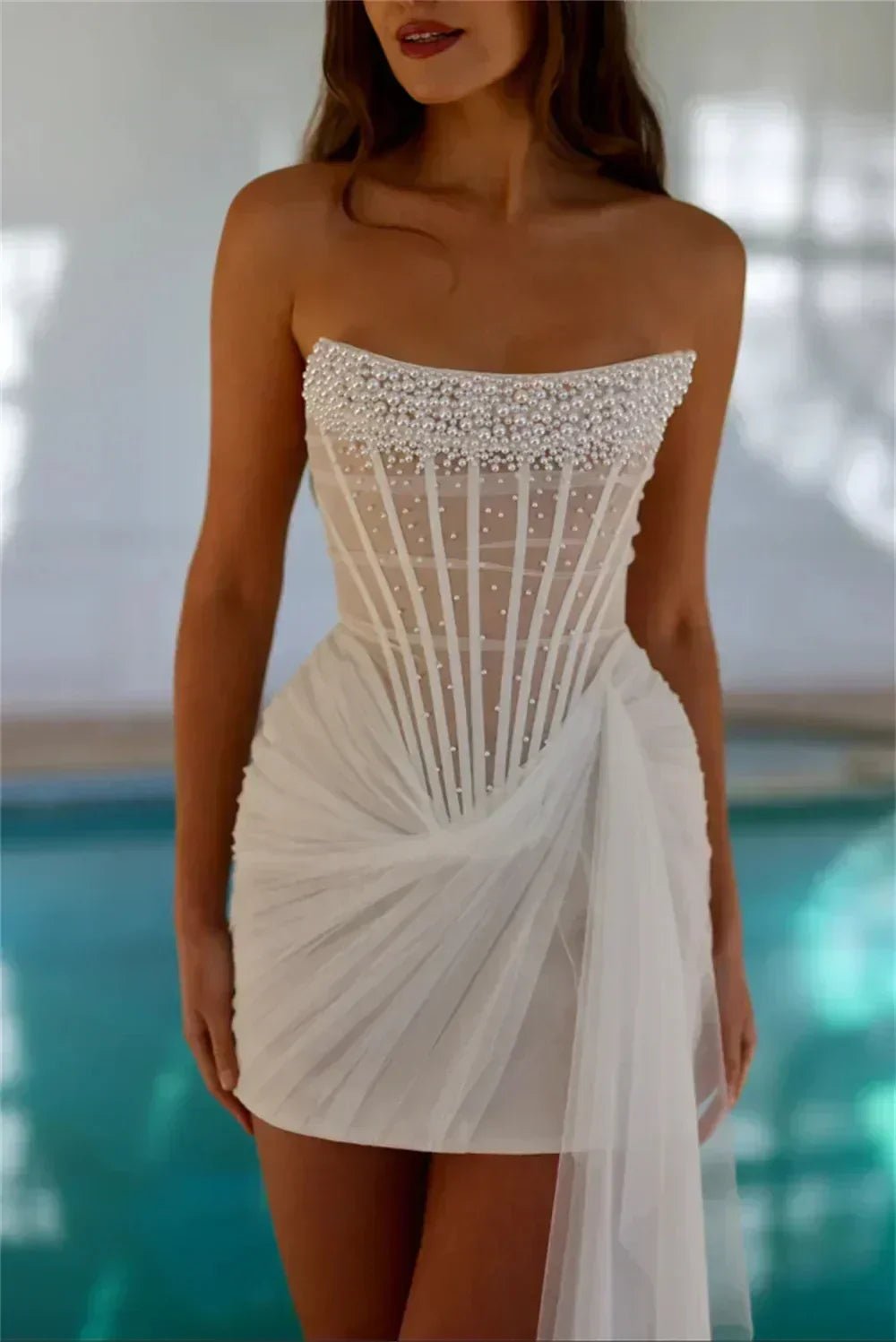 Ivory Strapless Pearl Mini Wedding Dress - Luzilly Bridal & Apparel