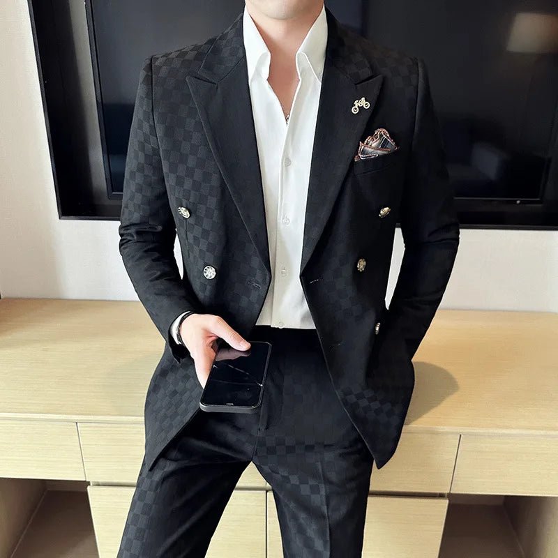 (Jacket+Pants)Luxury Checkered Double Breasted Suit 2 Pieces Fashion Business Slim Fit Social Formal Suit Evening Dress 5XL-M - Luzilly Bridal & Apparel