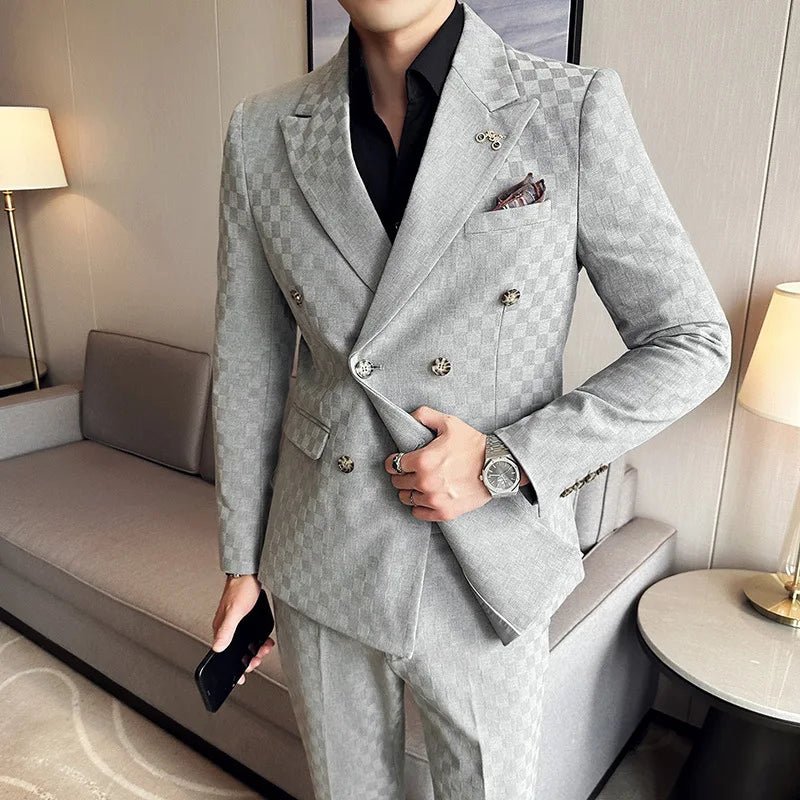 (Jacket+Pants)Luxury Checkered Double Breasted Suit 2 Pieces Fashion Business Slim Fit Social Formal Suit Evening Dress 5XL-M - Luzilly Bridal & Apparel