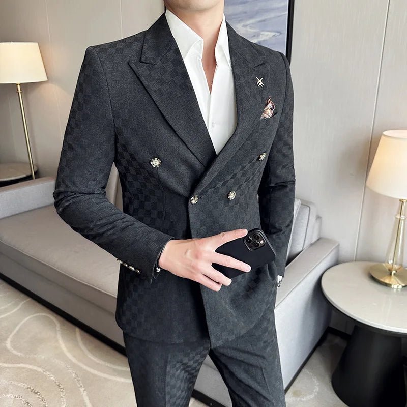 (Jacket+Pants)Luxury Checkered Double Breasted Suit 2 Pieces Fashion Business Slim Fit Social Formal Suit Evening Dress 5XL-M - Luzilly Bridal & Apparel