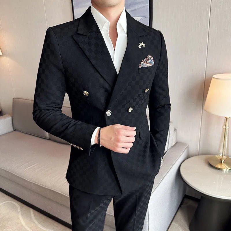 (Jacket+Pants)Luxury Checkered Double Breasted Suit 2 Pieces Fashion Business Slim Fit Social Formal Suit Evening Dress 5XL-M - Luzilly Bridal & Apparel