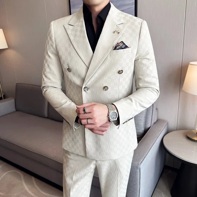 (Jacket+Pants)Luxury Checkered Double Breasted Suit 2 Pieces Fashion Business Slim Fit Social Formal Suit Evening Dress 5XL-M - Luzilly Bridal & Apparel