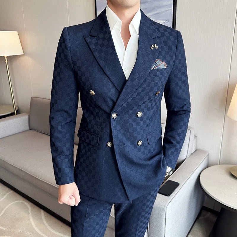 (Jacket+Pants)Luxury Checkered Double Breasted Suit 2 Pieces Fashion Business Slim Fit Social Formal Suit Evening Dress 5XL-M - Luzilly Bridal & Apparel