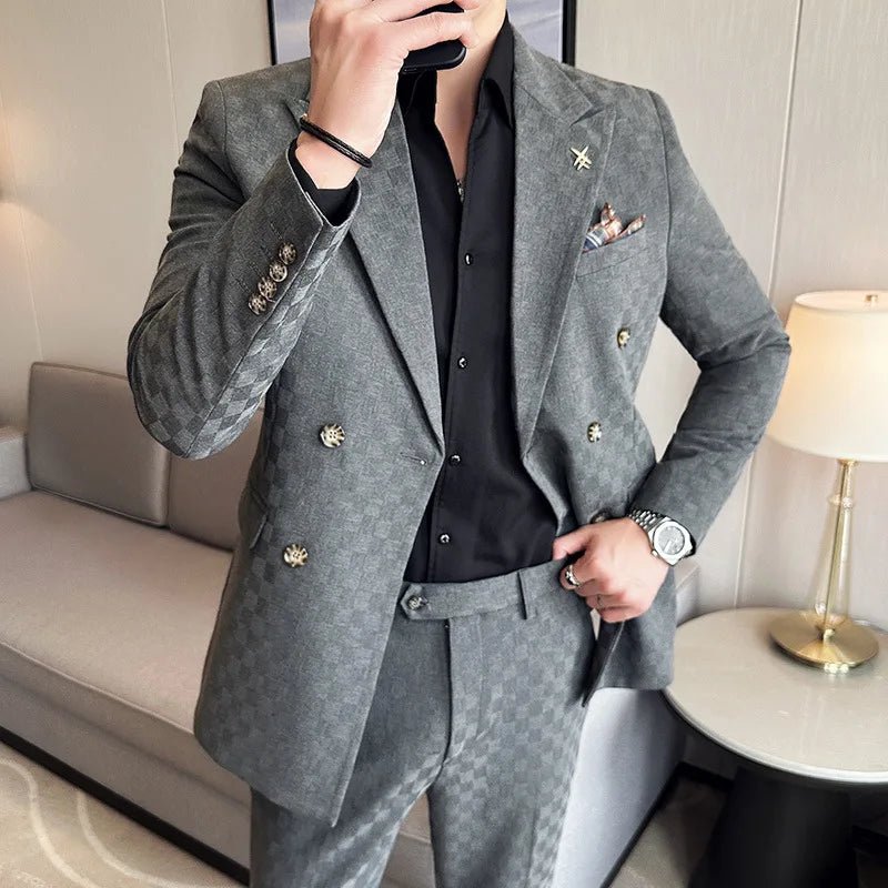 (Jacket+Pants)Luxury Checkered Double Breasted Suit 2 Pieces Fashion Business Slim Fit Social Formal Suit Evening Dress 5XL-M - Luzilly Bridal & Apparel