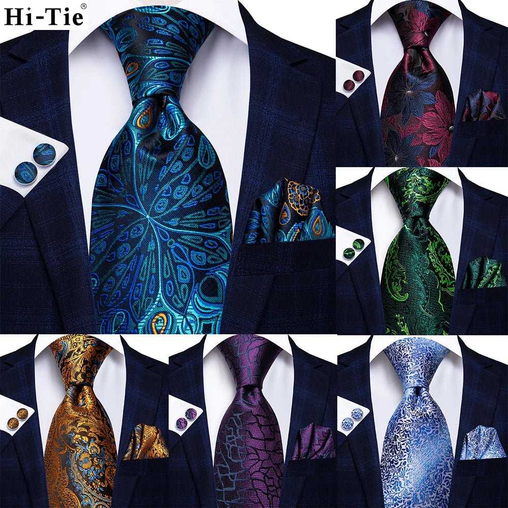 Jacquard Peacock Blue Novelty Design Wedding Tie For Men Hanky Cufflinks Gift Mens Necktie Set Business Party Dropshipping - Luzilly Bridal & Apparel