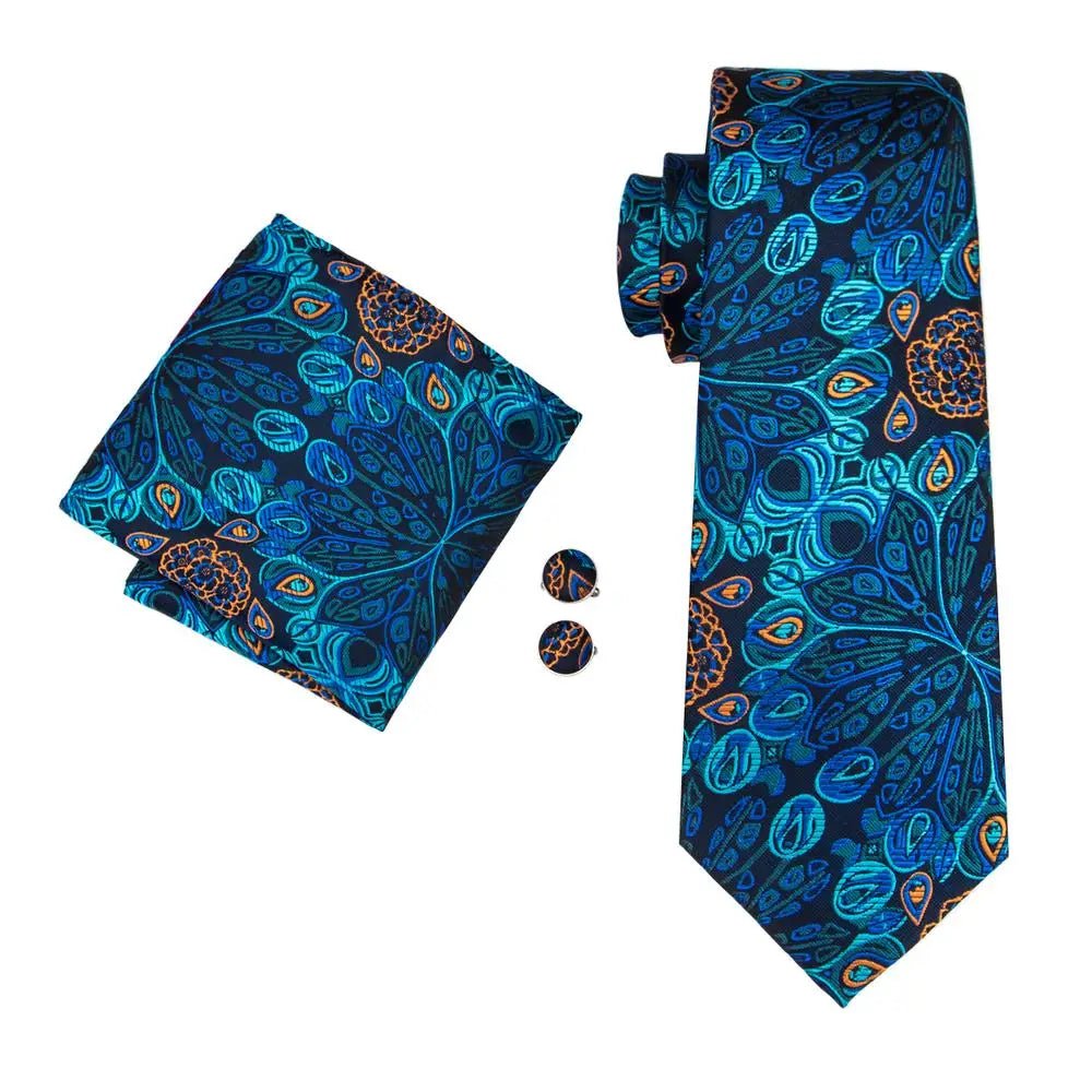 Jacquard Peacock Blue Novelty Design Wedding Tie For Men Hanky Cufflinks Gift Mens Necktie Set Business Party Dropshipping - Luzilly Bridal & Apparel
