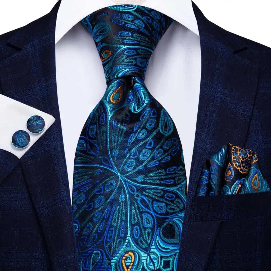 Jacquard Peacock Blue Novelty Design Wedding Tie For Men Hanky Cufflinks Gift Mens Necktie Set Business Party Dropshipping - Luzilly Bridal & Apparel