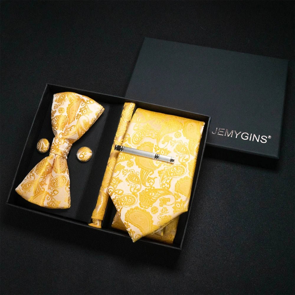 JEMYGINS Luxury Gift Box Classic Paisley Green Silk Tie NeckTie Pocket Square Cufflinks Set Business Party Wedding Men's bowtie - Luzilly Bridal & Apparel