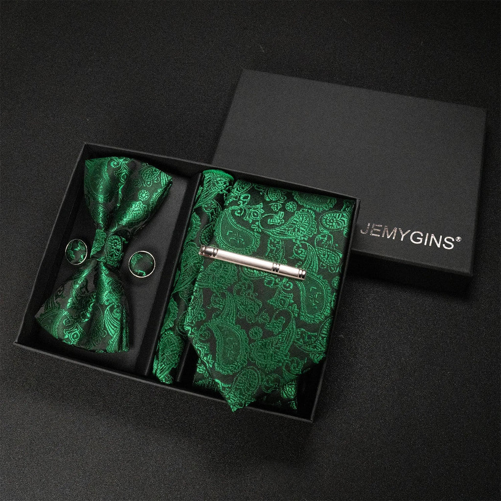 JEMYGINS Luxury Gift Box Classic Paisley Green Silk Tie NeckTie Pocket Square Cufflinks Set Business Party Wedding Men's bowtie - Luzilly Bridal & Apparel