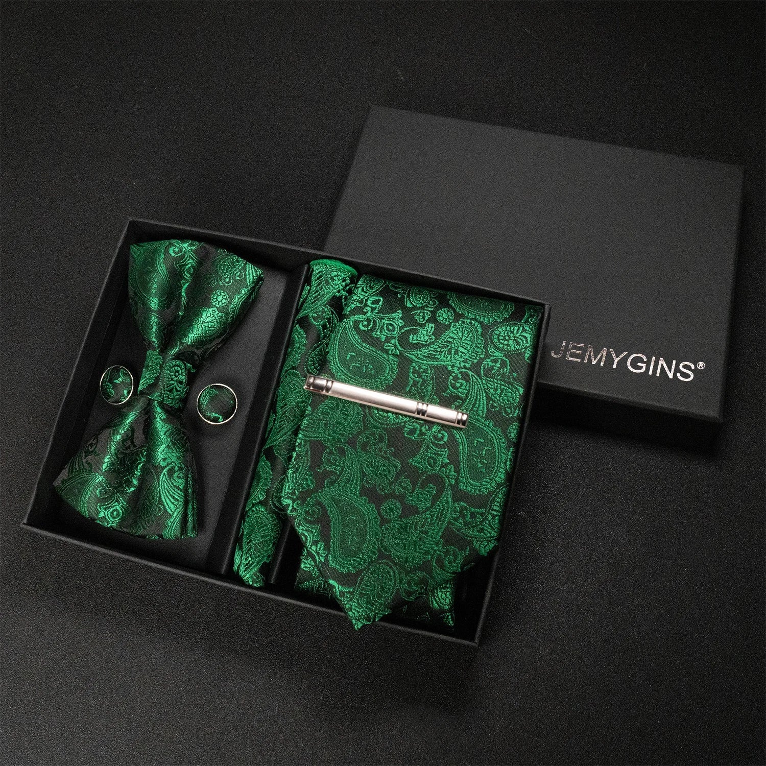 JEMYGINS Luxury Gift Box Classic Paisley Green Silk Tie NeckTie Pocket Square Cufflinks Set Business Party Wedding Men's bowtie - Luzilly Bridal & Apparel