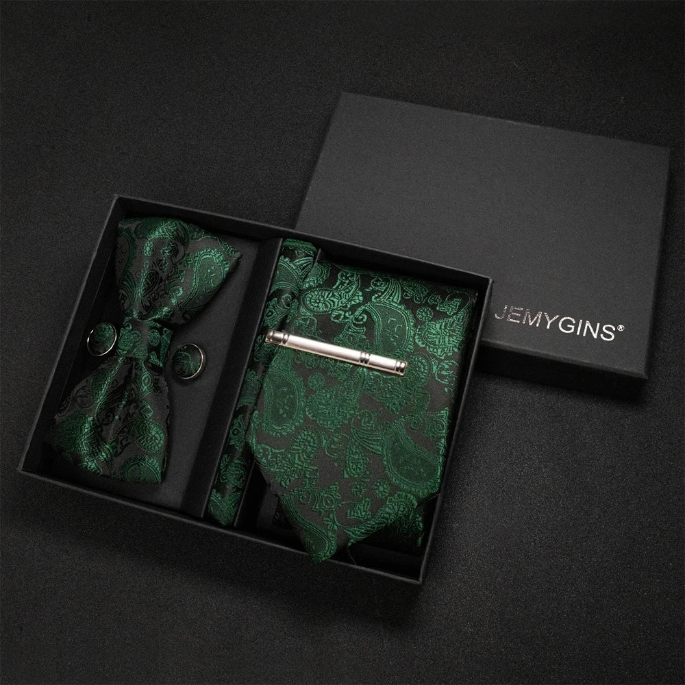 JEMYGINS Luxury Gift Box Classic Paisley Green Silk Tie NeckTie Pocket Square Cufflinks Set Business Party Wedding Men's bowtie - Luzilly Bridal & Apparel