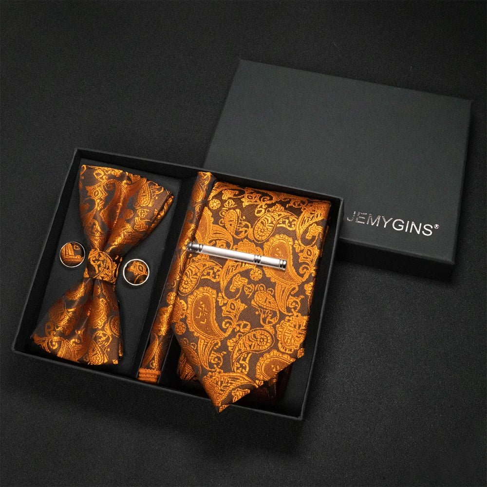 JEMYGINS Luxury Gift Box Classic Paisley Green Silk Tie NeckTie Pocket Square Cufflinks Set Business Party Wedding Men's bowtie - Luzilly Bridal & Apparel