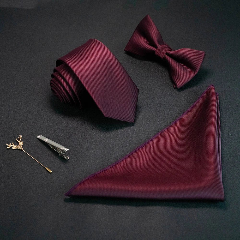 JEMYGINS New Solid Color 6cm Silk Men Tie Set Jacquard Woven Necktie Bowtie Handkerchief pin Suit Red Green For Business Wedding - Luzilly Bridal & Apparel