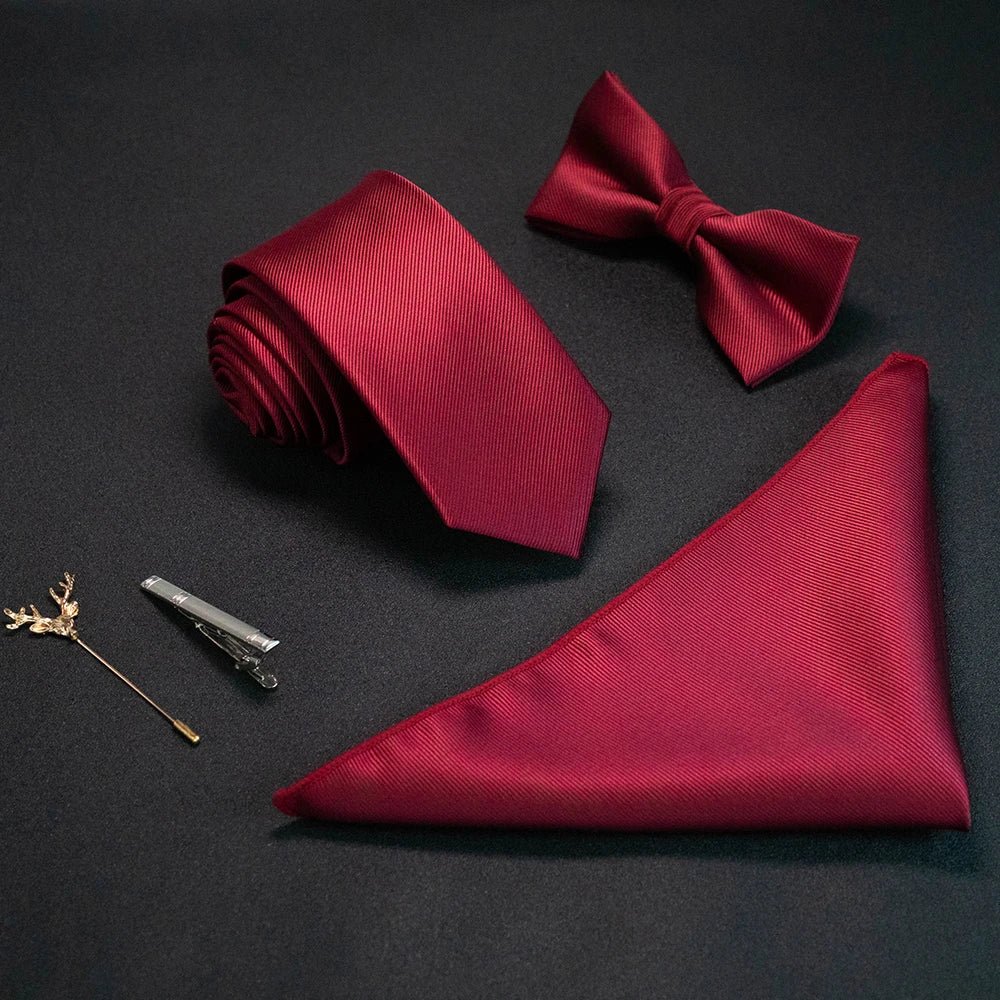 JEMYGINS New Solid Color 6cm Silk Men Tie Set Jacquard Woven Necktie Bowtie Handkerchief pin Suit Red Green For Business Wedding - Luzilly Bridal & Apparel