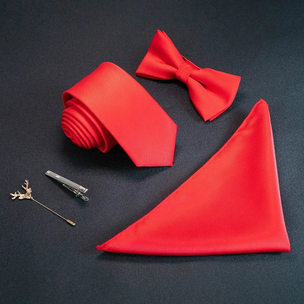 JEMYGINS New Solid Color 6cm Silk Men Tie Set Jacquard Woven Necktie Bowtie Handkerchief pin Suit Red Green For Business Wedding - Luzilly Bridal & Apparel