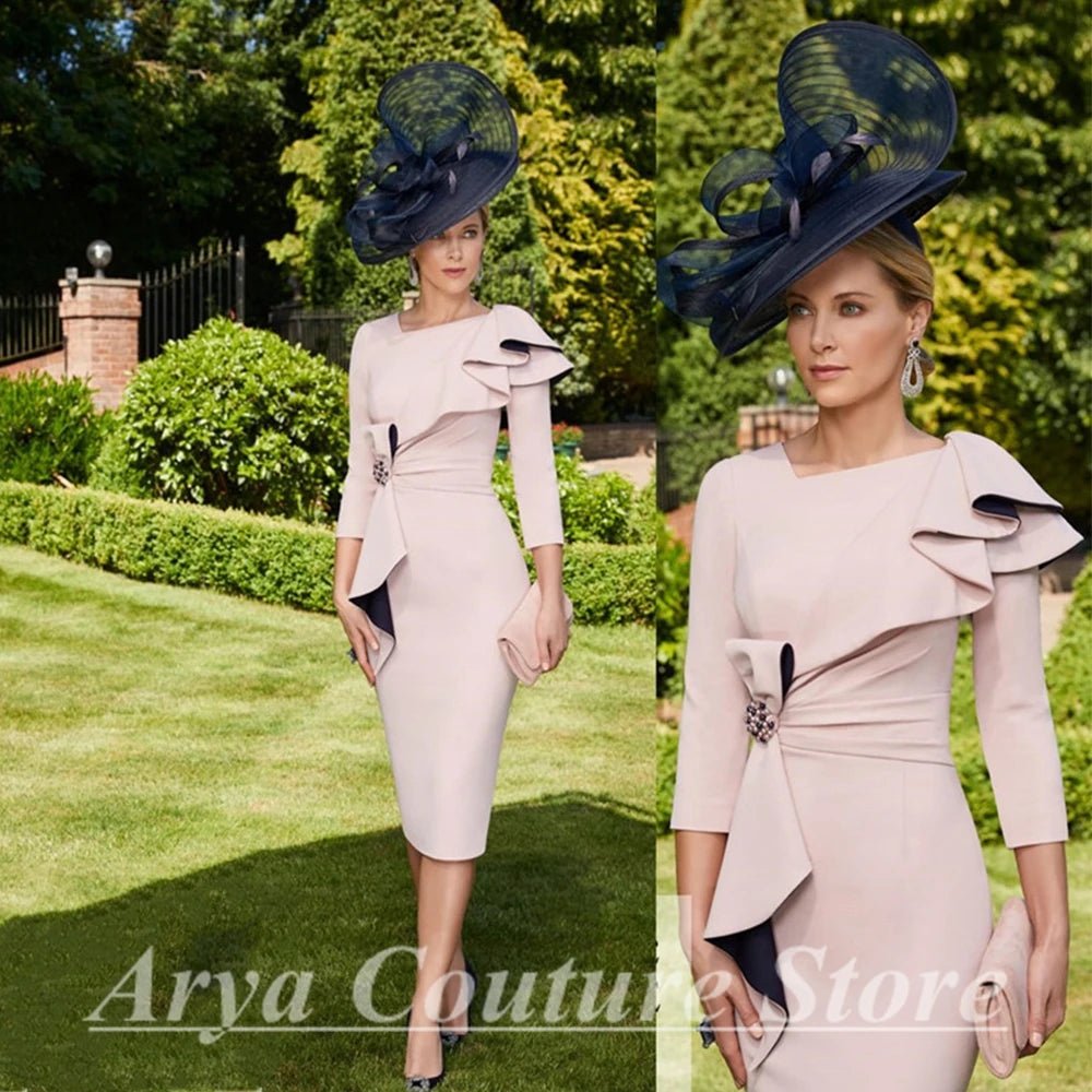 Jersey Pleated Tea-Length Sheath Mother of the Bride Dress - Luzilly Bridal & Apparel