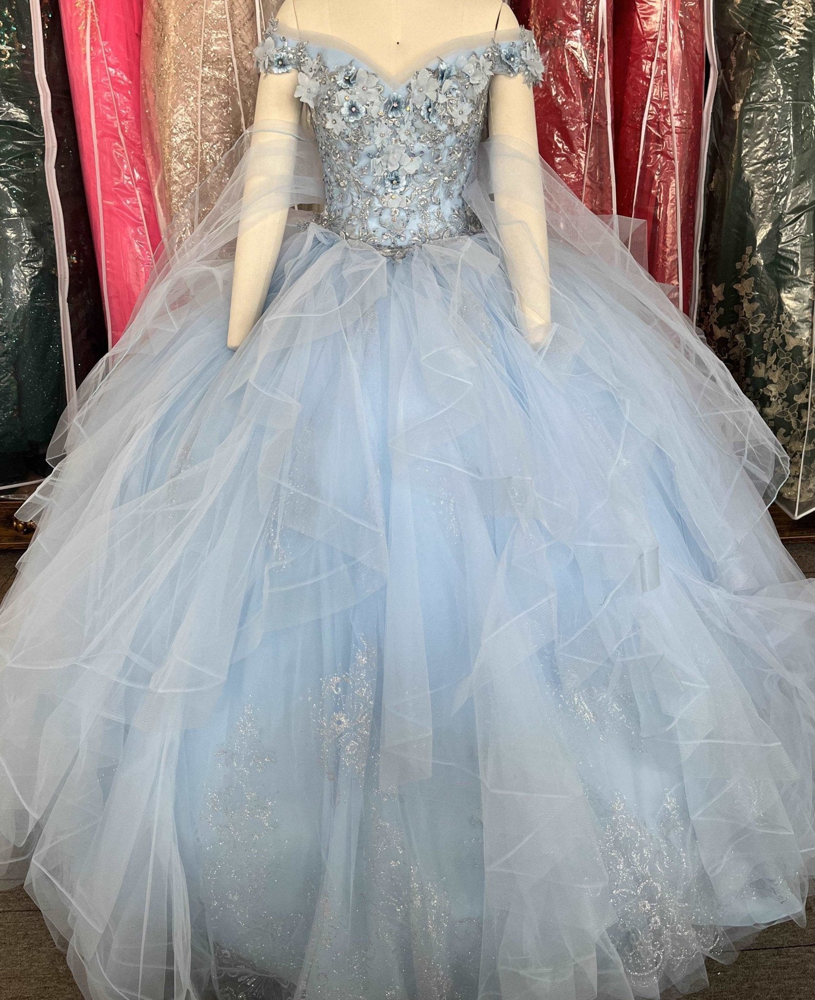 Jewel-Beaded Tiered Tulle Quinceañera Ball Gown - Luzilly Bridal & Apparel