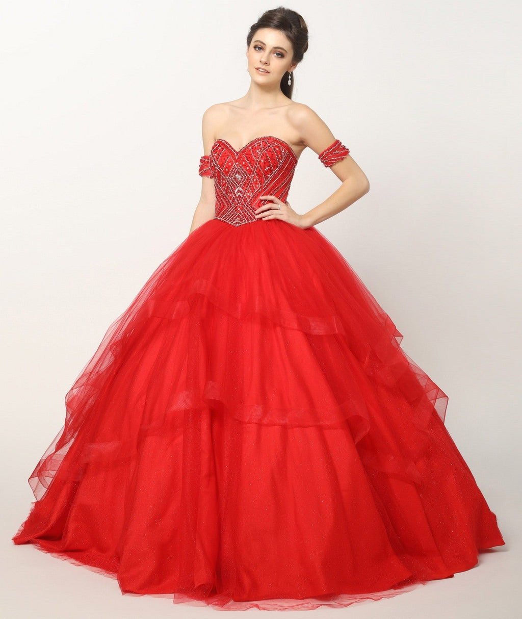 Juliet 1424 Quinceanera Ball Gown Tulle Skirt Arm Bands Beaded Bodice - Luzilly Bridal & Apparel