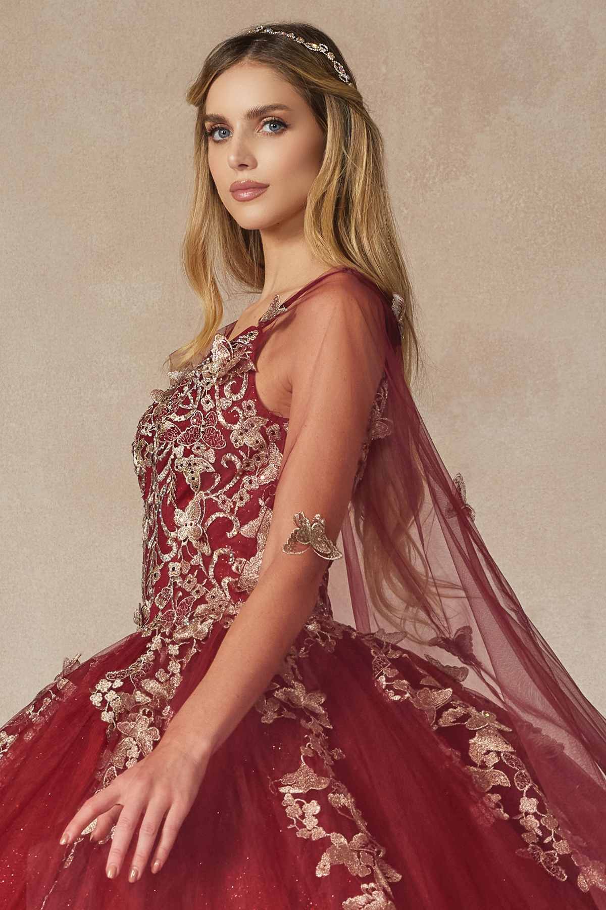 Juliet 1442 Long 3D Butterfly Appliques Strapless Bodice Cape Quinceanera Dress - Luzilly Bridal & Apparel