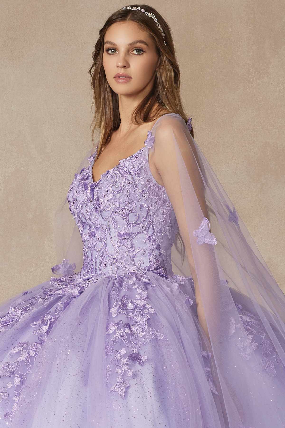 Juliet 1442 Long 3D Butterfly Appliques Strapless Bodice Cape Quinceanera Dress - Luzilly Bridal & Apparel