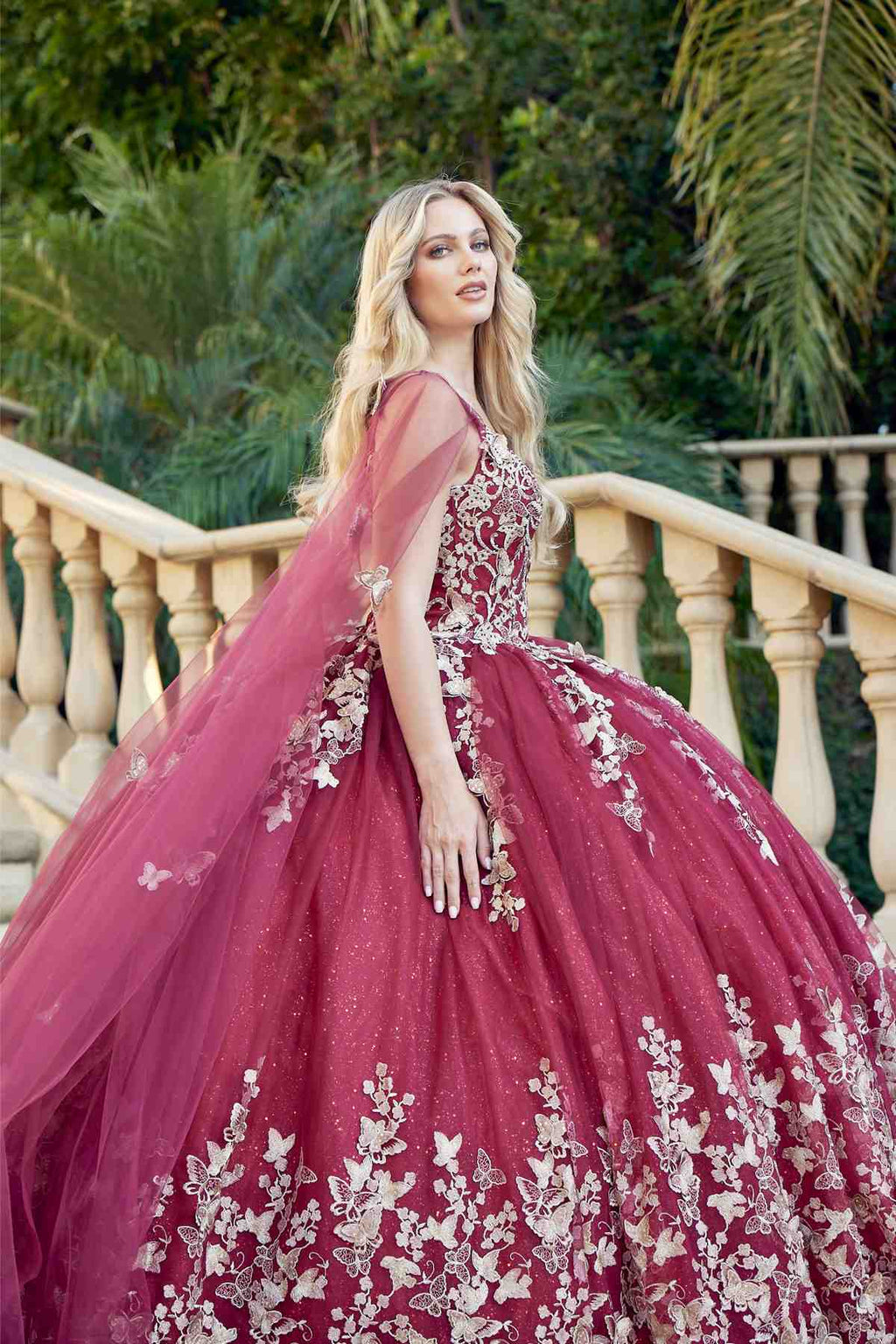 Juliet 1442 Long 3D Butterfly Appliques Strapless Bodice Cape Quinceanera Dress - Luzilly Bridal & Apparel