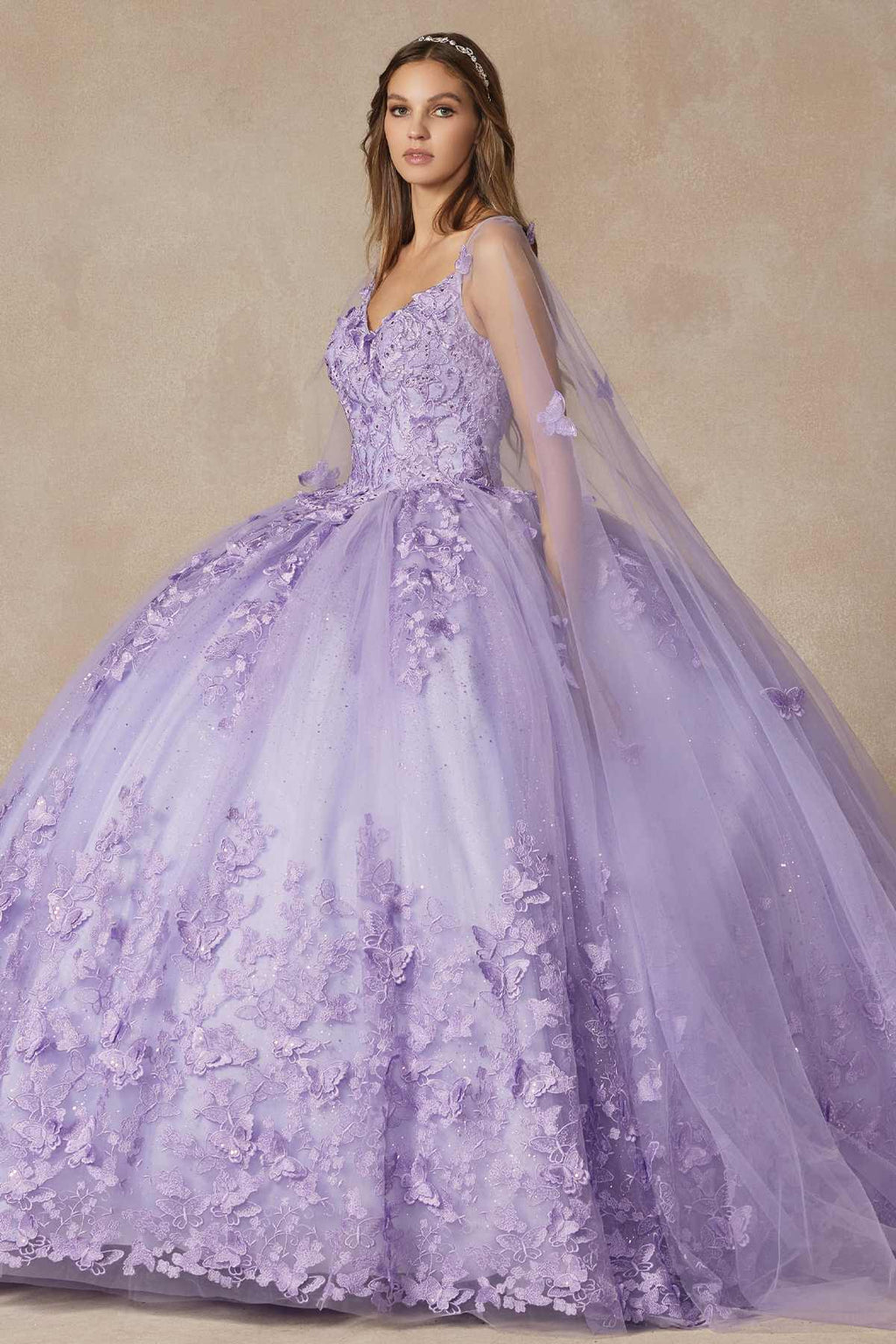 Juliet 1442 Long 3D Butterfly Appliques Strapless Bodice Cape Quinceanera Dress - Luzilly Bridal & Apparel