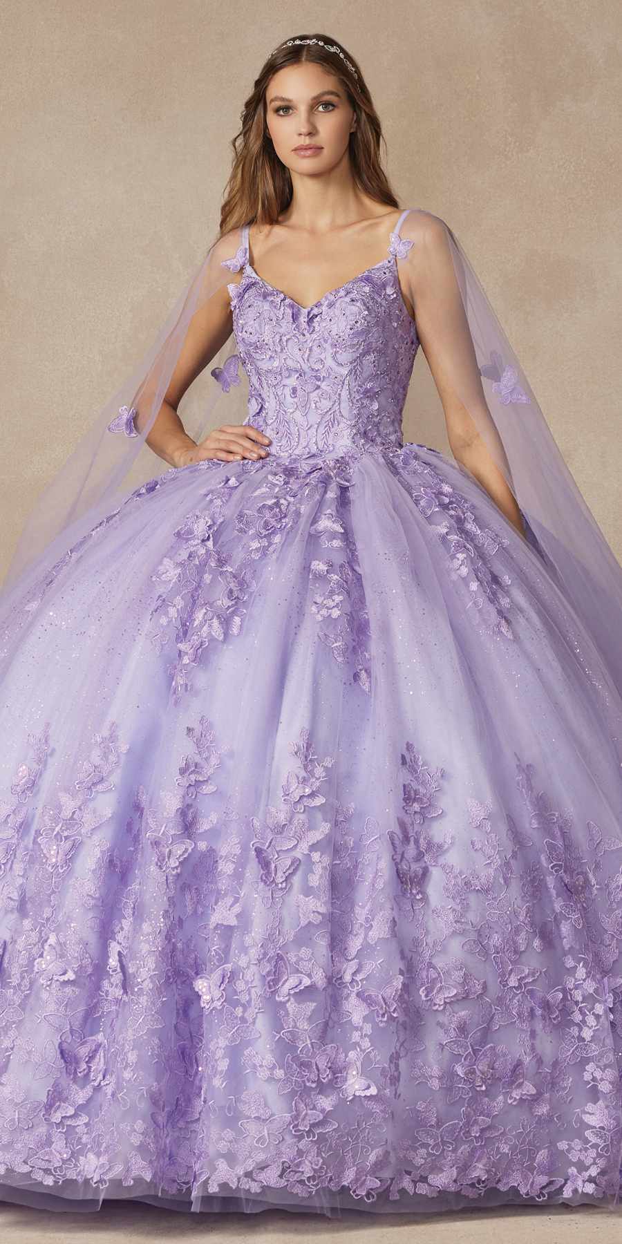 Juliet 1442 Long 3D Butterfly Appliques Strapless Bodice Cape Quinceanera Dress - Luzilly Bridal & Apparel