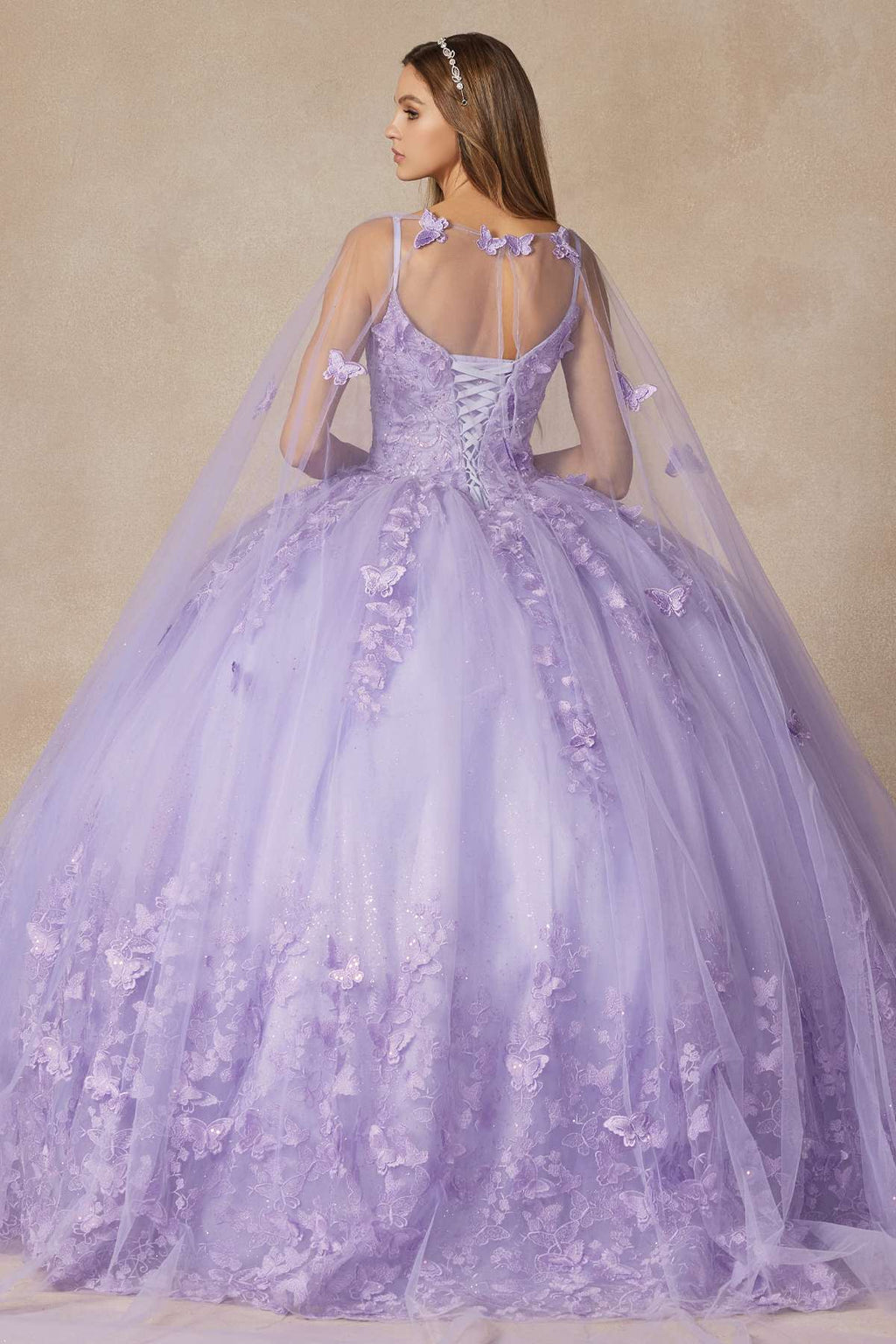 Juliet 1442 Long 3D Butterfly Appliques Strapless Bodice Cape Quinceanera Dress - Luzilly Bridal & Apparel