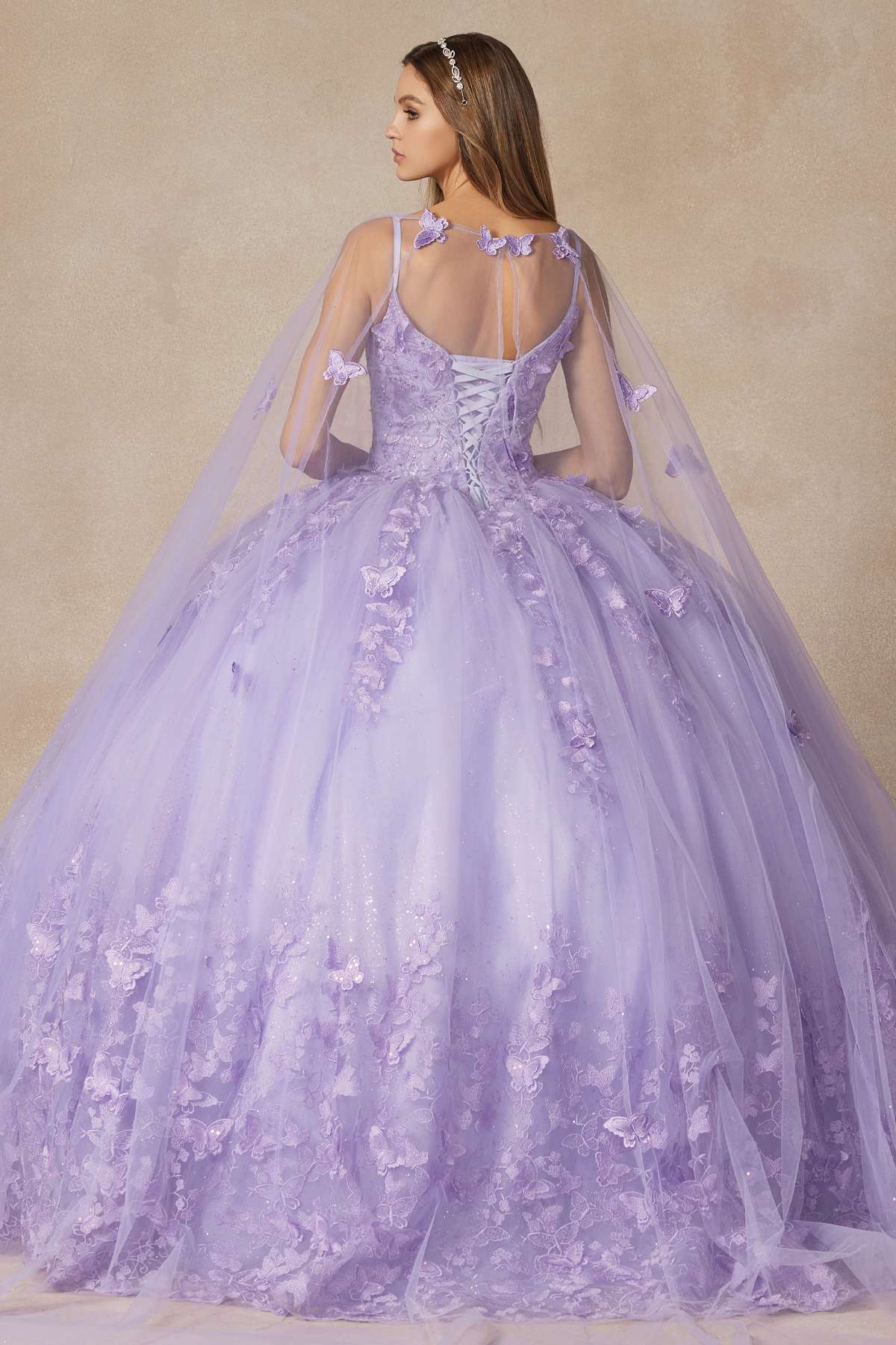 Juliet 1442 Long 3D Butterfly Appliques Strapless Bodice Cape Quinceanera Dress - Luzilly Bridal & Apparel
